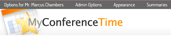 Screenshot of MyConferenceTime.com admin dashboard with options for links and settings.