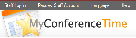 Screenshot of MyConferenceTime.com website interface with logo and navigation menu.